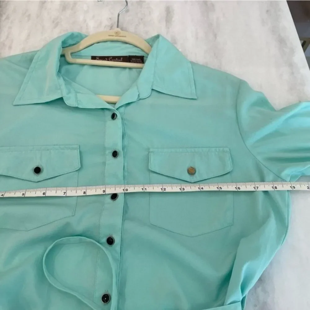 SPEED Control Aqua Turquoise Lightweight Long Sleeve Shirt Dress Button Belted